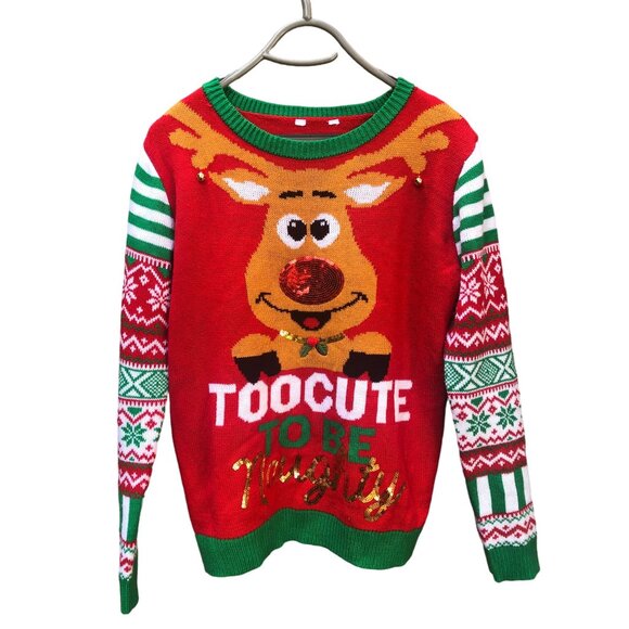 Too Cute To Be Naughty Reindeer Ugly Christmas Sweater XL Red Green White - Picture 2 of 6